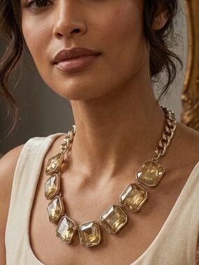 Tasha Gold Tone Champagne Faceted Stone Statement Necklace 16"L 3” Extender EUC